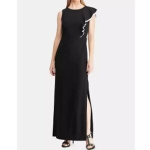 Lauren Ralph Lauren Maxi Dress Ruffles Slit Black Formal Gown